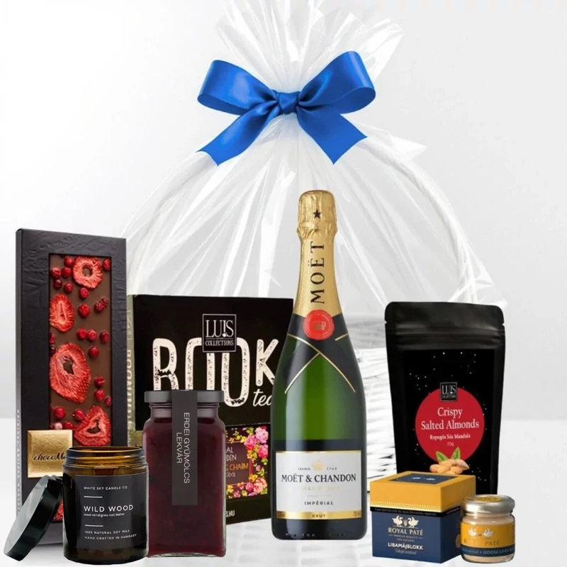 Gourmet ajándékkosár küldés francia pezsgővel