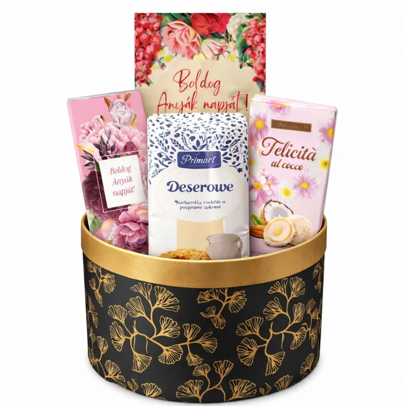 Anyák napi ajándék box édességekkel és virágmintás üdvözlőkártyával